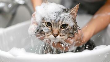 ai gerado engraçado molhado gato pega uma banho a partir de uma garota, uma brincalhão cena preenchidas com felino travessuras, ai gerado. foto