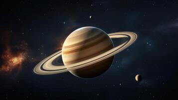 ai gerado Saturno planetas dentro profundo espaço, adornado com argolas e cercado de luas. ai gerado foto