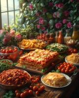 ai gerado delicioso tradicional italiano Comida em mesa com legumes e ervas foto