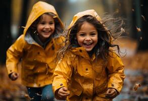 ai gerado dois jovem meninas dentro capas de chuva corrida através. dois jovem garotas, vestindo brilhante amarelo capas de chuva, alegremente corre através uma pilha do caído folhas. foto