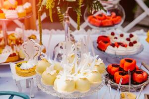 festivo mesa com cargas do bolos, bolos de copo, biscoitos e bolo de bolo às a casamento. delicioso colorida doces em doce bufê. foto