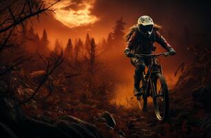 ai gerado mulher equitação montanha bicicleta dentro a floresta às pôr do sol foto