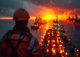 ai gerado homem é óleo petroleiro dentro a meio do a mar assistindo a pôr do sol foto