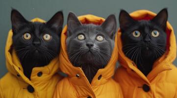 ai gerado três Preto gatos dentro amarelo casacos Veja às a Câmera. foto