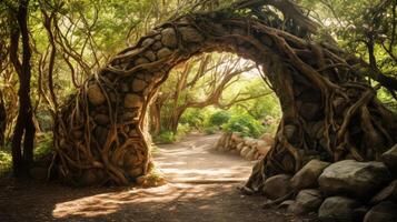 ai gerado dentro a floresta, galhos Formato uma natural arco, ai gerado foto