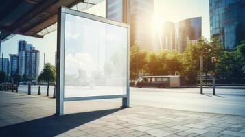 ai gerado uma vertical em branco branco Painel publicitário carrinhos às uma ônibus Pare em uma cidade rua, oferta publicidade espaço. ai gerado foto