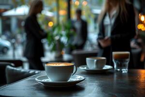 ai gerado o negócio pessoas em pé por aí uma mesa com café foto