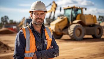 ai gerado retrato do construção trabalhador em construção local perto para retroescavadeira olhando às Câmera sorridente foto