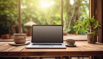 ai gerado área de trabalho com computador portátil computador esvaziar tela e escritório fornecem em de madeira mesa foto