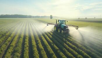 ai gerado uma trator sprays a agrícola campo com fertilizante foto