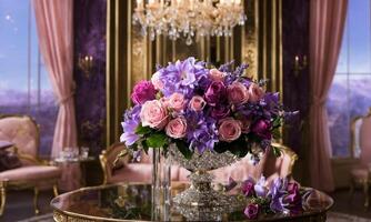 ai gerado uma delicado combinação do doce perfume e vibrante roxa flores cria uma cativante atmosfera do beleza e luxo dentro isto interior cena foto