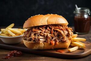 ai gerado sanduíche com puxado carne de porco, churrasco molho, e fritas. foto