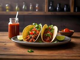 ai gerado dois tacos com tomate ketchup em prato com ingredientes em de madeira mesa em cozinha. foto