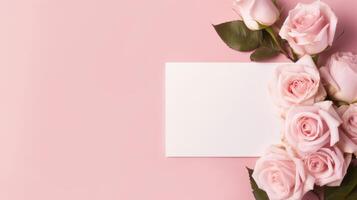 ai gerado Rosa rosas limítrofe uma em branco branco cartão em uma suave Rosa pano de fundo. ai gerado foto