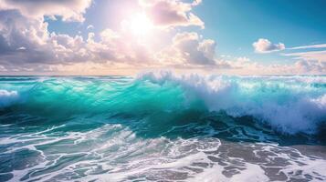 ai gerado turquesa ondas suavemente lapidação às arenoso praia, vista do oceano marinha panorama. ai gerado foto