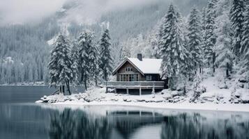 ai gerado uma pitoresco Nevado inverno cena características muitos nórdico cabines, criando uma encantador e acolhedor atmosfera. ai gerado foto