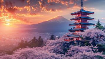 ai gerado cereja Flor árvores quadro, Armação uma lindo japonês têmpora, criando uma sereno e encantador cena, ai gerado. foto