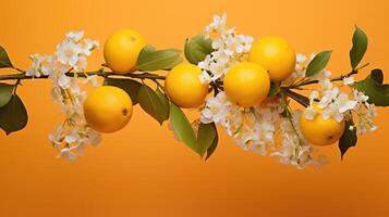 ai gerado fresco laranjas e delicado branco flores em uma ramo contra uma brilhante amarelo pano de fundo. ai gerado foto