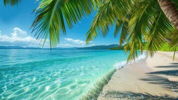 ai gerado uma tropical de praia Visão abaixo balançando Palmeiras. ai gerado foto