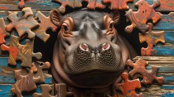 ai gerado fofa hipopótamo absorta dentro uma quebra-cabeças quebra-cabeça, adicionando uma caprichoso tocar, ai gerado. foto