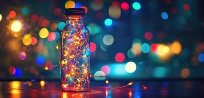 ai gerado vidro recipiente adornado com colorida luzes cria uma hipnotizante mostrar. ai gerado. foto