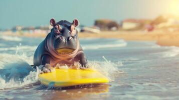 ai gerado uma fofa hipopótamo surfista goza uma cheio de diversão verão dia às a praia, equitação ondas com entusiasmo, ai gerado. foto