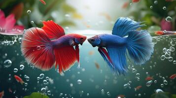 ai gerado renderizado em 3D vermelho e azul brigando peixe natação graciosamente dentro a aquático ambiente, ai gerado. foto