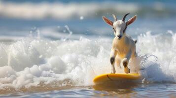 ai gerado uma fofa bode surfista goza uma cheio de diversão verão dia às a praia, equitação ondas com entusiasmo, ai gerado. foto