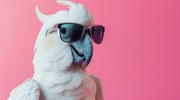 ai gerado elegante branco cacatua dons chique oculos de sol, uma emplumado fashionista com uma toque do tropical talento, ai gerado. foto