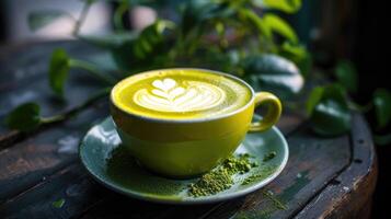 ai gerado pires hospedeiros verde matcha chá café com leite xícara, refrescante torção. ai gerado foto