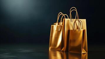 ai gerado luxuoso ouro compras bolsas pop contra uma Sombrio fundo, simbolizando sofisticação dentro varejo. ai gerado. foto