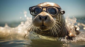 ai gerado brincalhão foca saltos para a praia, esportivo à moda oculos de sol, uma respingo do costeiro frieza, ai gerado. foto