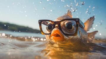 ai gerado experiência a intensidade do a peixe saltando para a de praia dentro uma deslumbrante fechar-se foto, ai gerado. foto