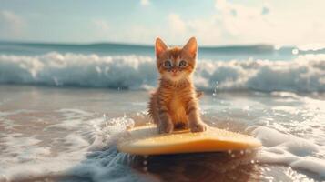 ai gerado uma fofa gatinha surfista goza uma cheio de diversão verão dia às a praia, equitação ondas com entusiasmo, ai gerado. foto