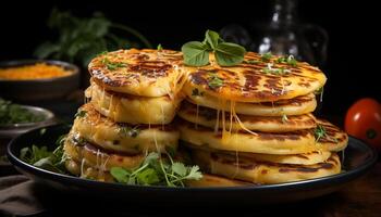 ai gerado recentemente cozinhou caseiro vegetariano refeição em de madeira placa, pronto para comer gerado de ai foto