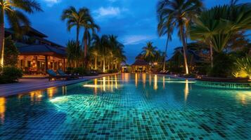 ai gerado luxuoso tropical recorrer piscina brilhos debaixo a noite céu, criando uma cativante ambiente. ai gerado foto