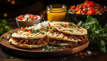 ai gerado grelhado carne taco com fresco tomate, guacamole, e coentro gerado de ai foto