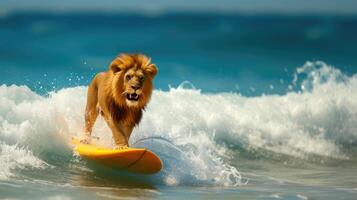 ai gerado uma fofa leão surfista goza uma cheio de diversão verão dia às a praia, equitação ondas com entusiasmo, ai gerado. foto