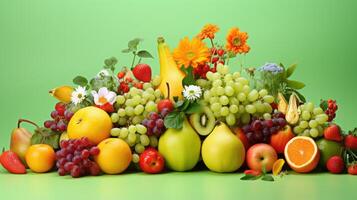 ai gerado uma vibrante e saudável misturar do fresco frutas e flores em uma animado verde pano de fundo. ai gerado foto