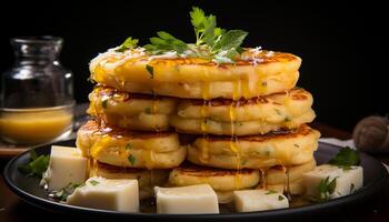 ai gerado frescor e gourmet refeição em uma placa, doce panqueca lanche gerado de ai foto