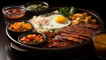 ai gerado grelhado carne, carne de porco, e carne em uma placa, pronto para comer gerado de ai foto