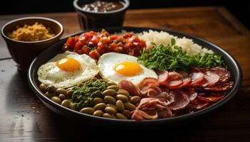 ai gerado grelhado carne, fresco vegetais, e rústico pão em prato gerado de ai foto