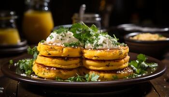 ai gerado frescor e calor em uma prato do caseiro grelhado carne gerado de ai foto