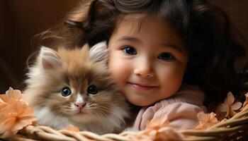 ai gerado fofa pequeno gatinho olhando às Câmera, criança sorridente com alegria gerado de ai foto