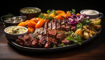 ai gerado grelhado bife em placa, gourmet refeição com fresco legumes gerado de ai foto