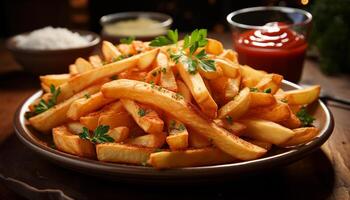 ai gerado recentemente cozinhou francês fritas em uma de madeira mesa, uma delicioso lanche gerado de ai foto