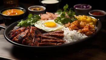 ai gerado grelhado carne de porco com fresco legumes em uma rústico de madeira prato gerado de ai foto