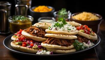 ai gerado grelhado carne taco com guacamole, cebola, e coentro em mesa gerado de ai foto