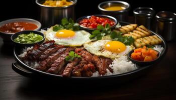 ai gerado grelhado carne de porco bife com fresco tomate, cozinhou em churrasco gerado de ai foto