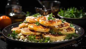 ai gerado frescor e calor em uma placa, grelhado carne e legumes gerado de ai foto